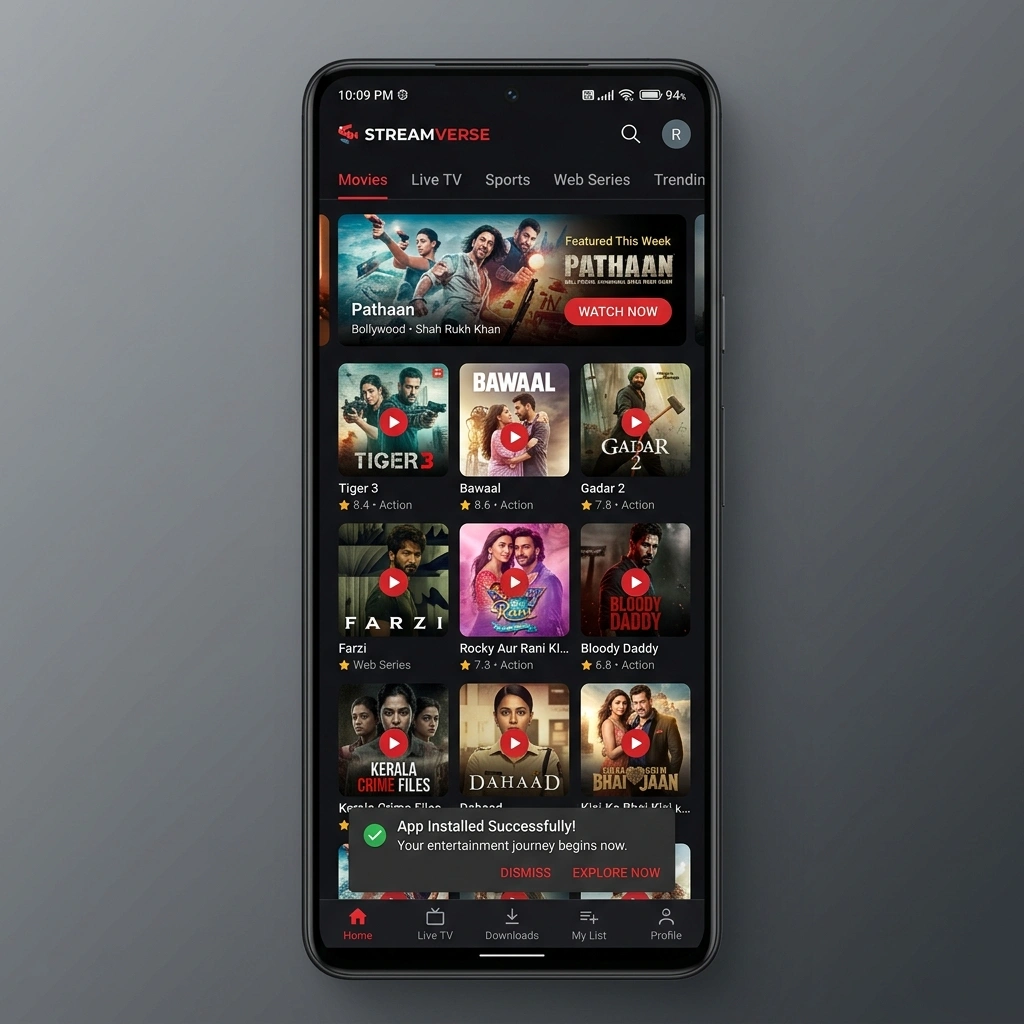 Castle APK home screen after successful installation — browse movies and live TV